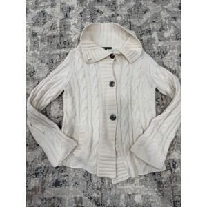 Eddie Bauer Ivory Chunky Cable Knit Button Front Cowl Neck Wool Sweater Large